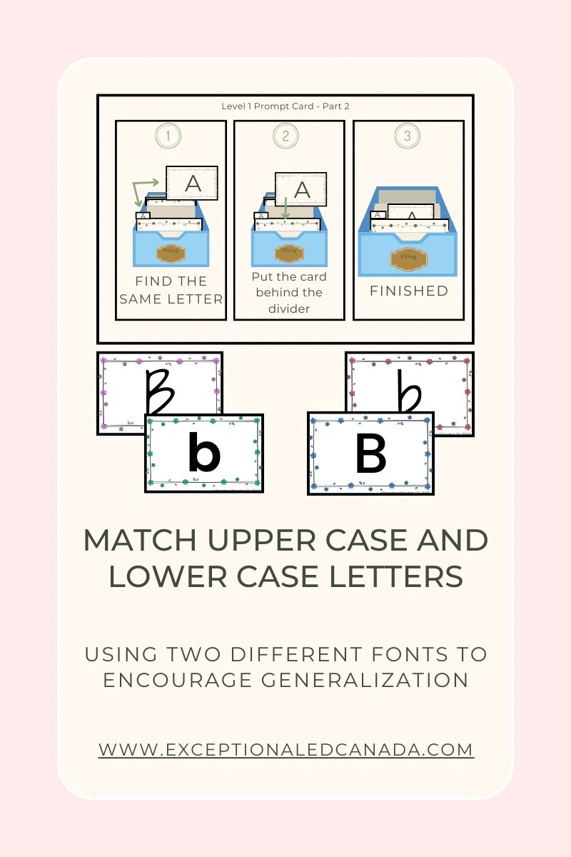 A sample prompt card for a functional task demonstrating letter matching and describing generalization of skills.