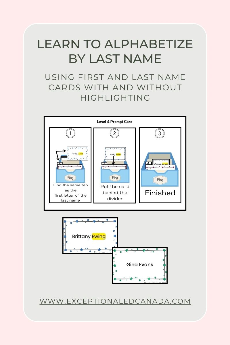 An image demonstrating a step in a filing task box activity to identify a last name and the first letter of the last name