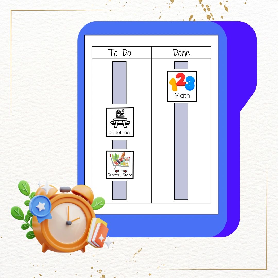 This is an image of a sample visual schedule containing a to do list and a done list so students can independently keep track of schedule tasks.