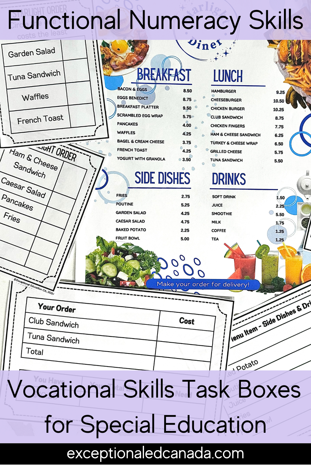 Functional Job Skills resource to practice reading a menu, locating items on a menu, determining prices of items on a menu, adding menu items, and making change.