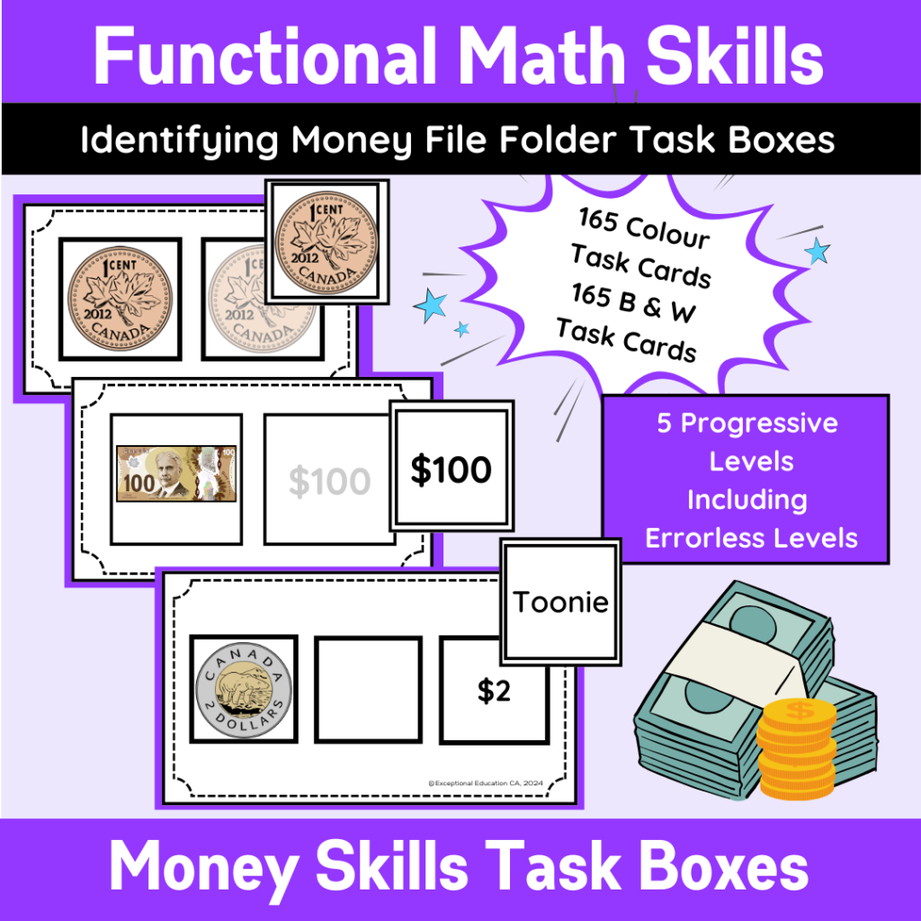 Image of task box matching cards for money identification.