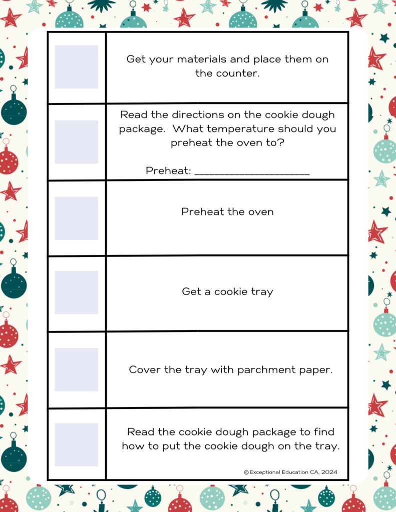 Kitchen Skills visual recipe checklist for high school special education students to bake Christmas ornament cookies.