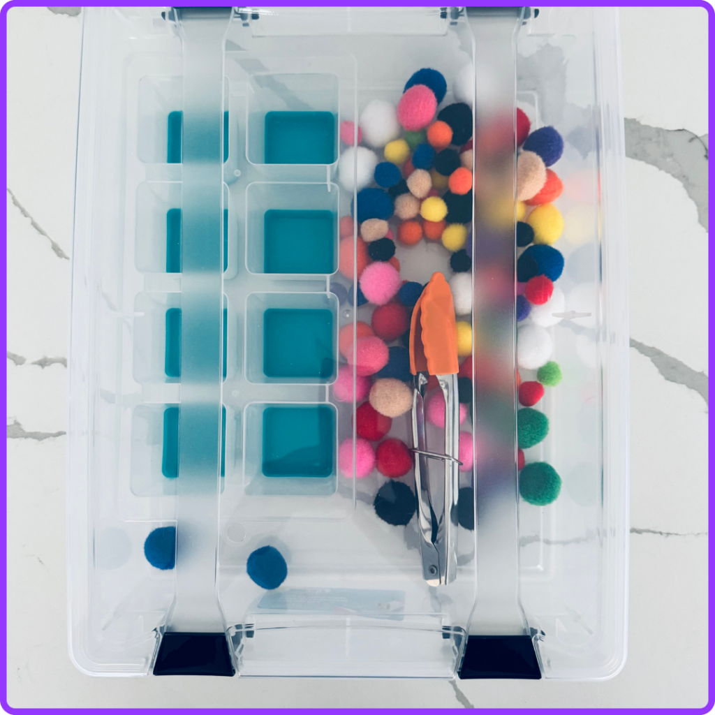 Completed colour match task box in a storage bin