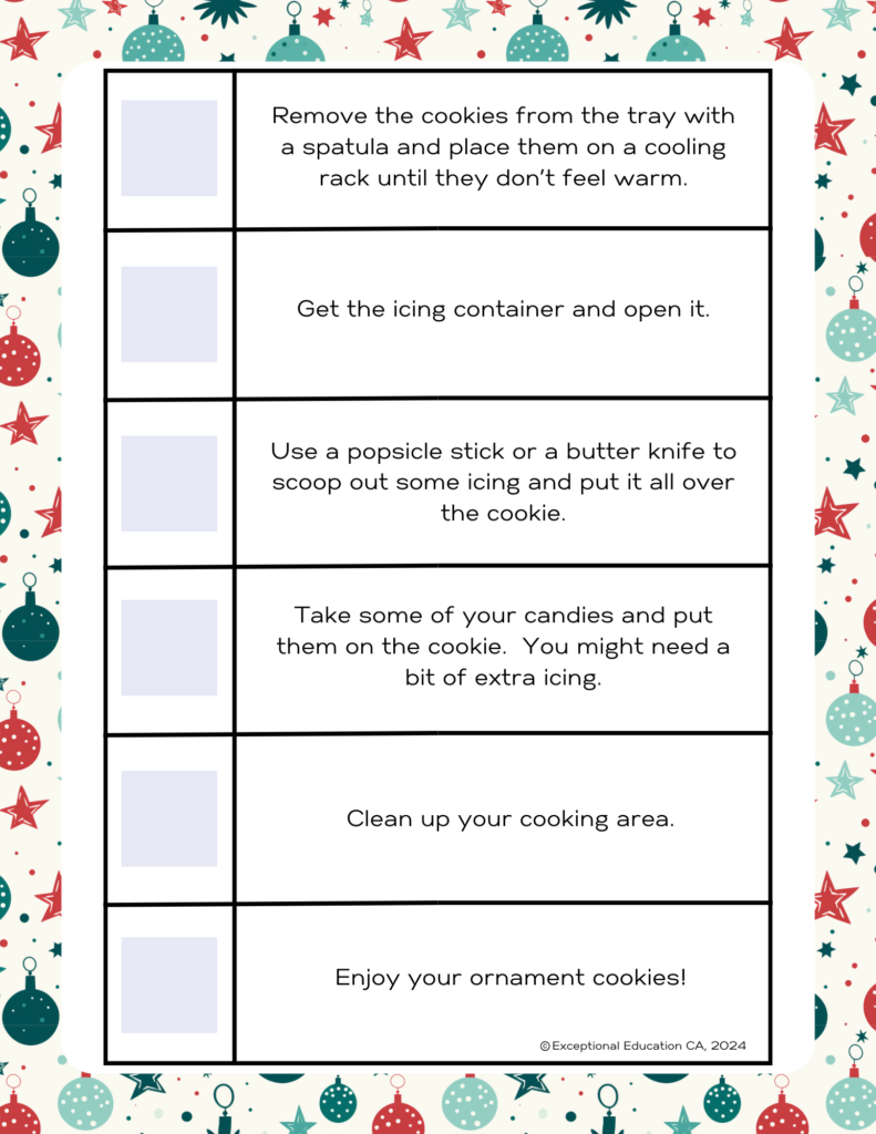 Checklist for high school special education students while baking Christmas ornament cookies.