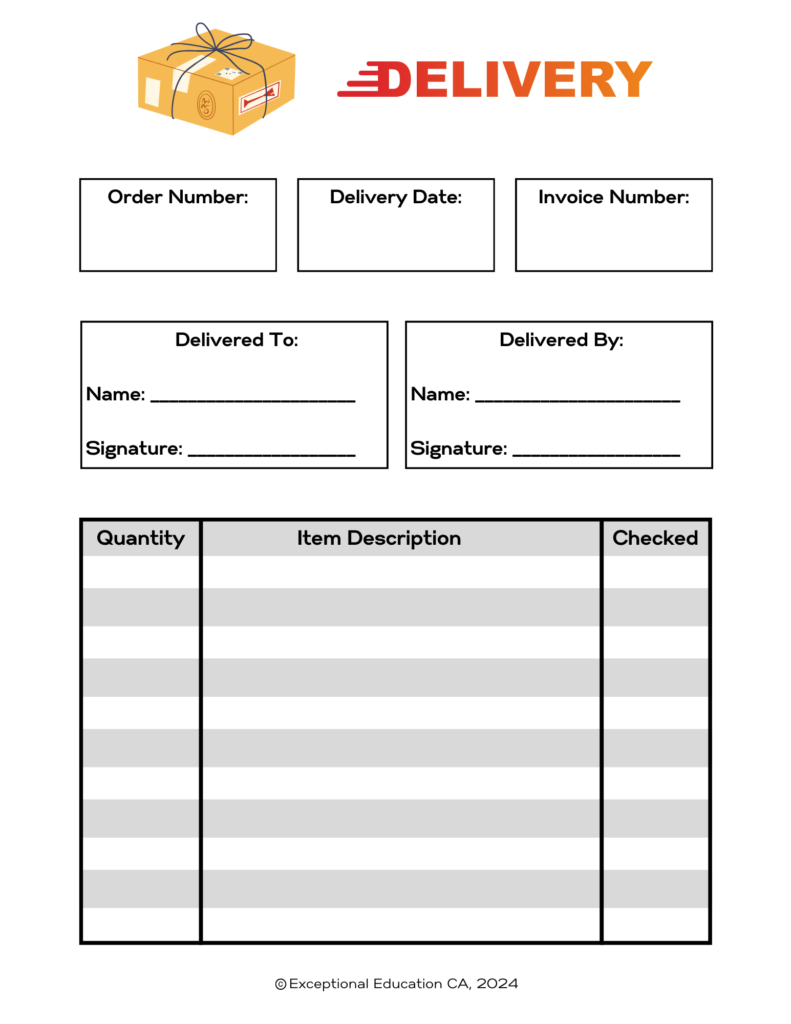 A delivery form to use with Special Education Students working on Job Skills Activities 