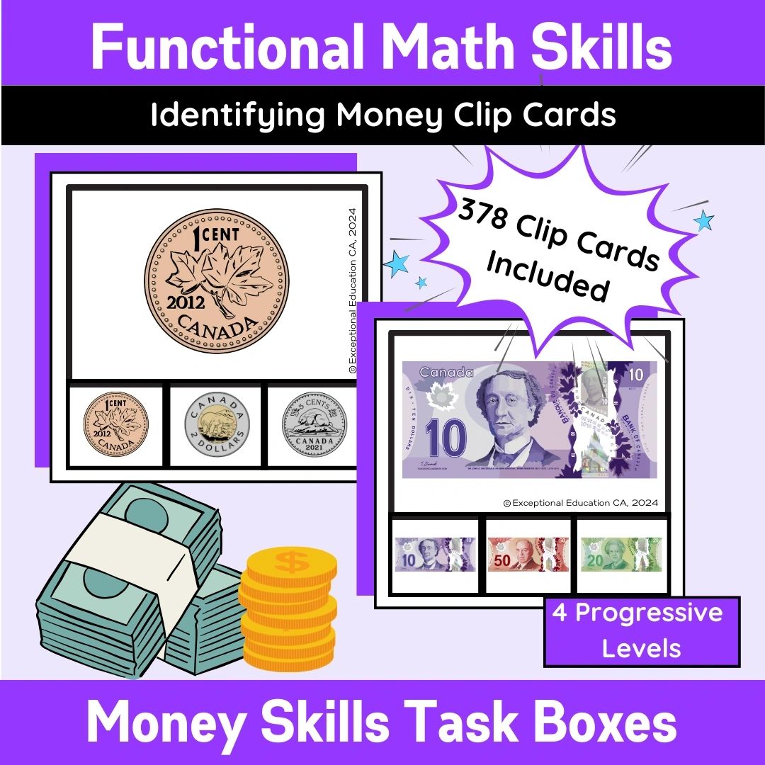 Image of clip card task box activities for special education students who are learning to identify money values.