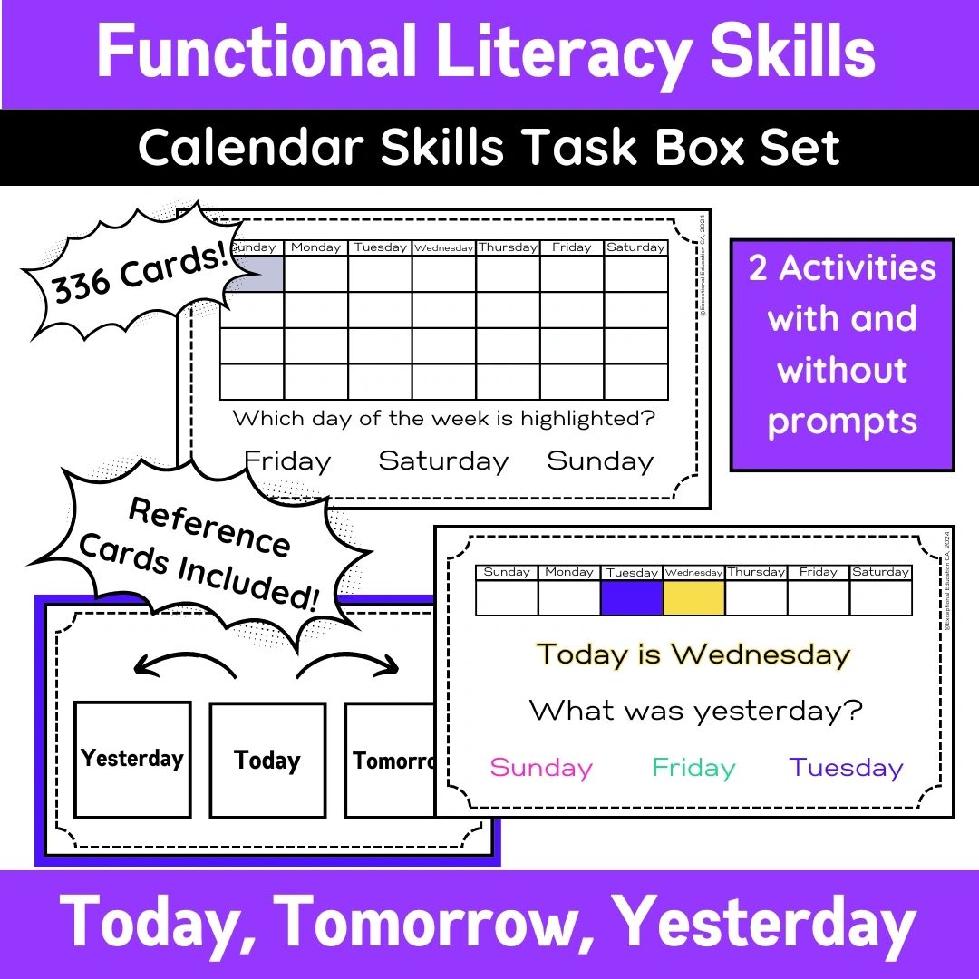 Calendar Skill task box cards for special education classrooms for IEP goals