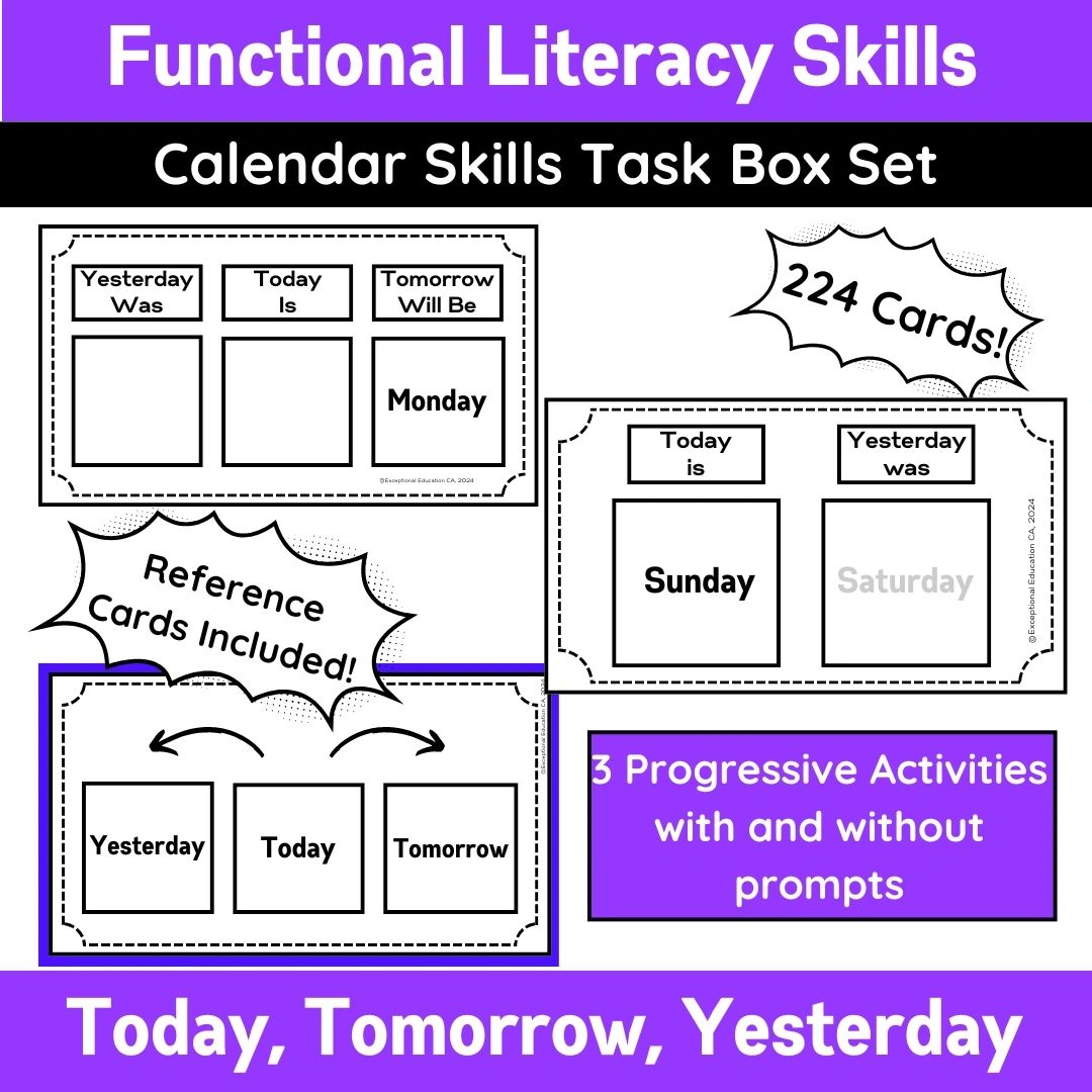 Calendar Skill task box cards for special education classrooms for IEP goals